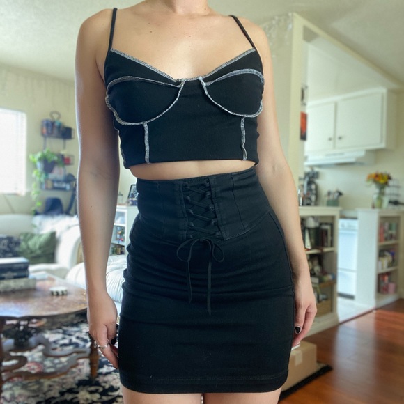 EXPRESS corset lace up mini denim skirt. Black, stretch denim, super high waist. - Picture 2 of 8
